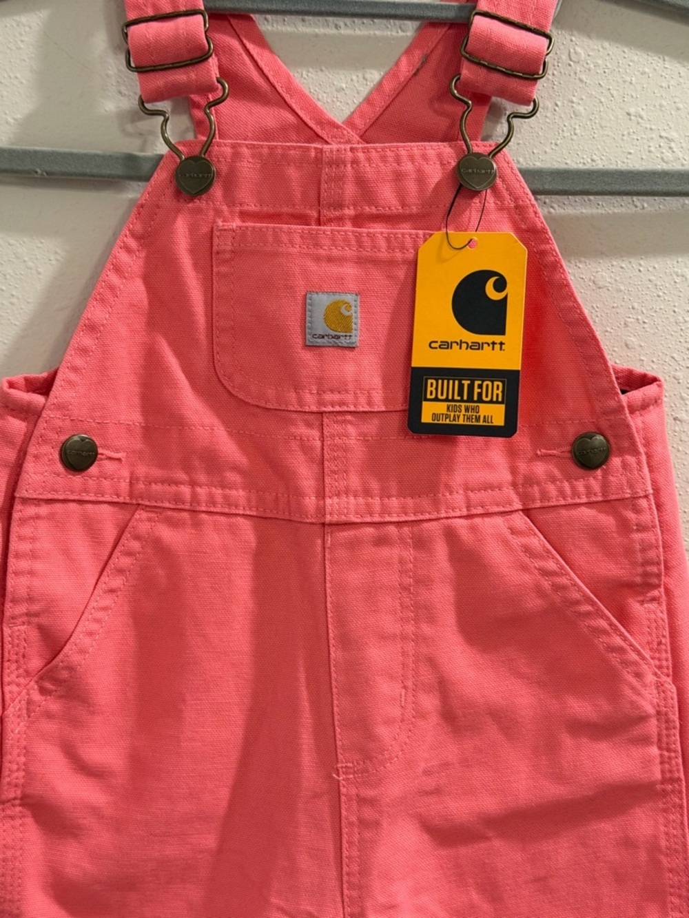 Carhartt NWT Girls’ 12M Pink Lemonade Loose Fit Canvas Bib Overalls Adjustable - Picture 6 of 6